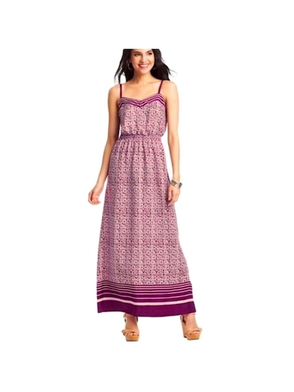 Loft Purple Geometric Pattern Maxi Dress with Leg Slit and Button Detail